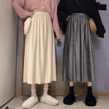 

2020 Autumn Winter Women Golden Velvet Long Skirt Korean Ladies Elastic Casual High Waist Skirts Pleated