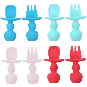 

2Pcs/Set Baby Silicone Spoon Fork Eco-Friendly Infant Training Feeding Tableware F3ME