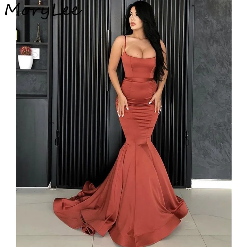 

Mermaid Evening Dresses Spaghetti Zipper Back Floor Length Sweep Train Silk Satin Evening Dresses vestidos de fiesta de noche