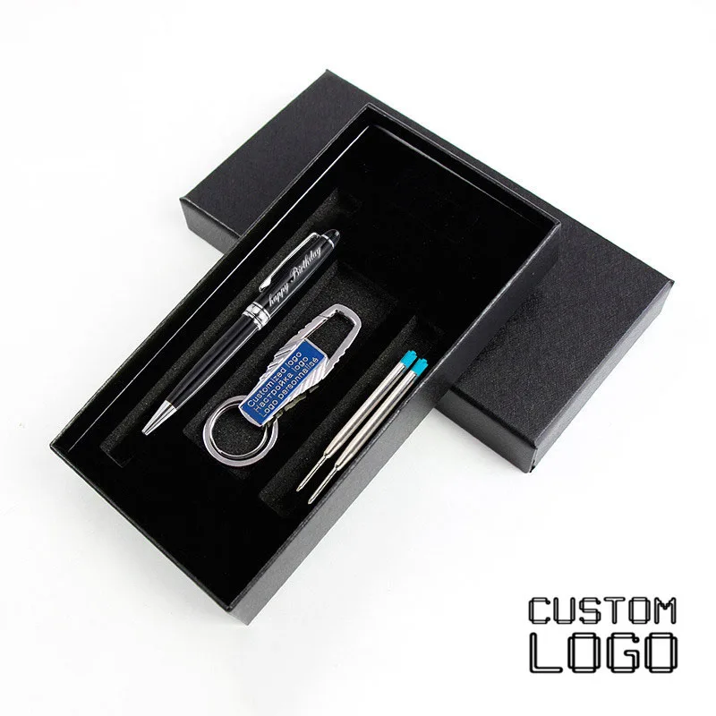 1Set Engrave Names Metal Business Ballpoint Pens Customized Logo Black Gift Box Rotating With Key Chain Refill | Канцтовары для