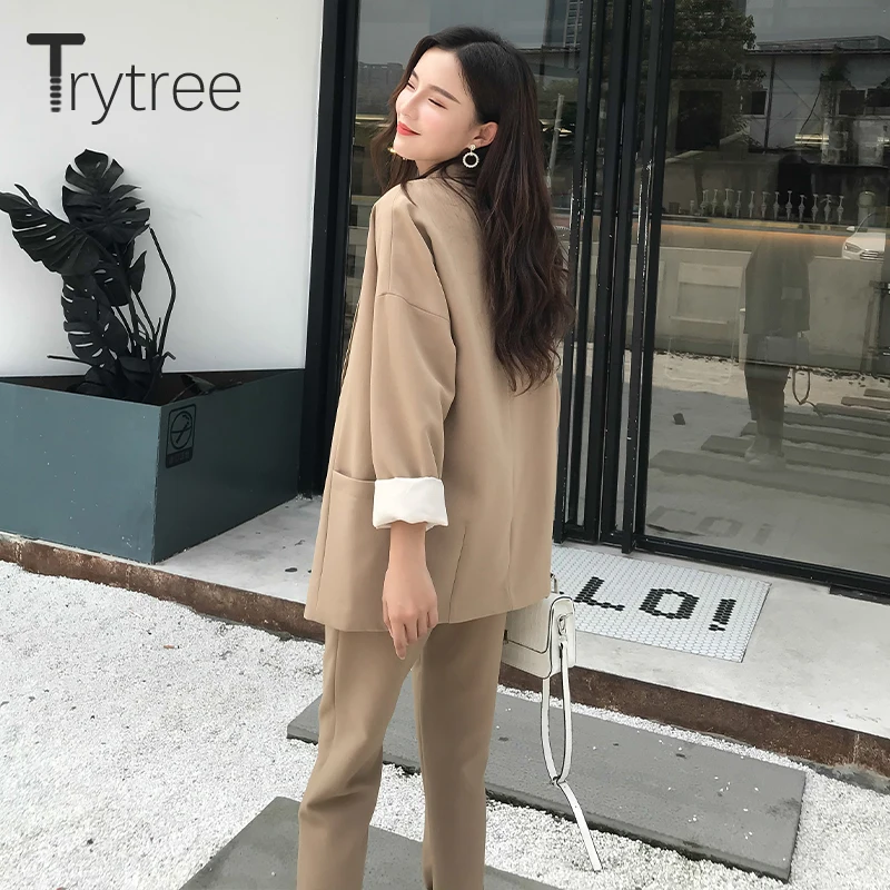 Trytree осень зима WCasual Turn-Down Воротник двубортный топ цвета хаки+ брюки пуговицы карманы офис леди костюм 2 шт набор