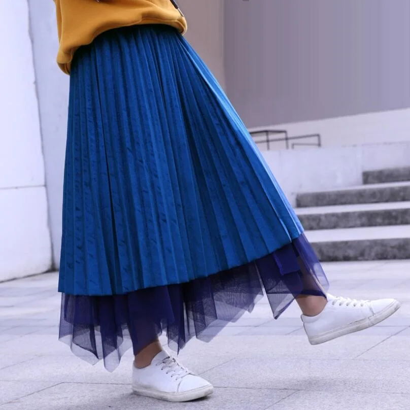 blue tutu skirt От 3 до 14 лет; сезон осень-зима; юбки-пачки принцессы для девочек-подростков; детская одежда; плиссированная сетчатая длинная юбка для девочек; детские штаны - Цвет: blue tutu skirt