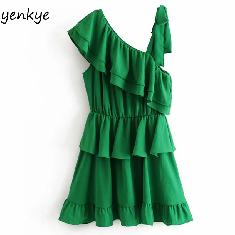 

Fashion 2019 Women Green Asymmetric Layered Ruffle Dress Sexy Lady Oblique Sleeveless Summer Mini Party Dress HHWM2187