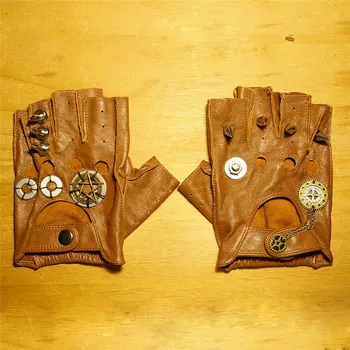 

New Vintage Steampunk Rivet Gear Gloves Retro Punk Cosplay Genuine Leather Gloves Gothic Half-Finger Cycling Gloves Handmade