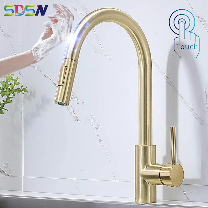 SDSN Smart Touch Kitchen Faucets with Pull Down Sprayer Hot Cold Pull Out Kitchen Sink Mixer Tap Brushed Gold Touch Kitchen Taps