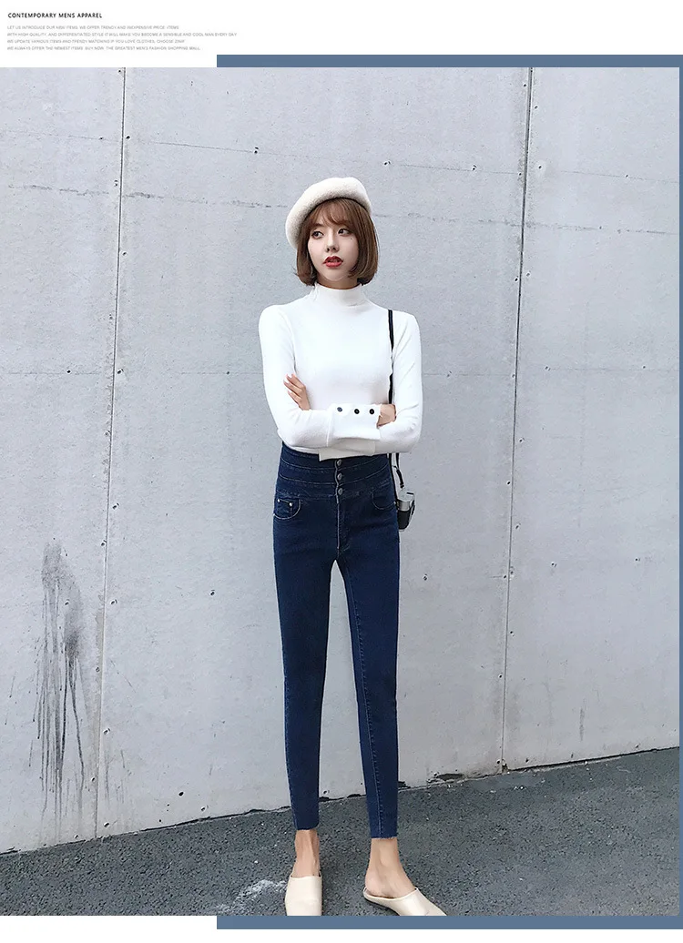 WOMEN'S Jeans Autumn And Winter plus Velvet Ultra High Waist Skinny Pants Women's Slim Fit Korean-style Jeans Black And White wi
