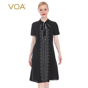 

VOA Silk 22mm Black Dark Fringe Jacquard Half-Collar Ribbon Embroidered Lace Stitching Short-Sleeve Dress AE120