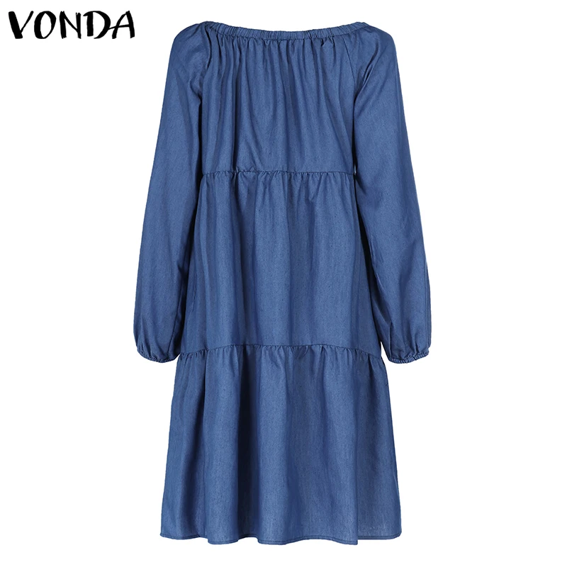 Плюс размер джинсовое платье VONDA богемное осеннее платье с длинными рукавами-фонариками по колено Повседневное платье Vestido с открытыми плечами сарафан 5XL