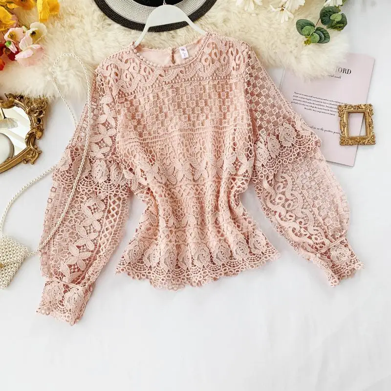

Autumn 2019 Women's Blouse Hollow-out Round Neck Long Lantern Sleeve Loose and Slim Water Soluble Lace Shirts Tops J219