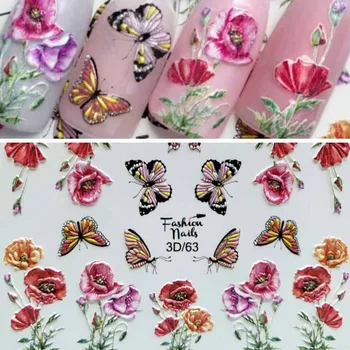 

5D Acrylic Engraved Rose Flower Nail Sticker Embossed Lace Flower Cute Cat Water Decals Nail Water Slide Decals Nail Decorations