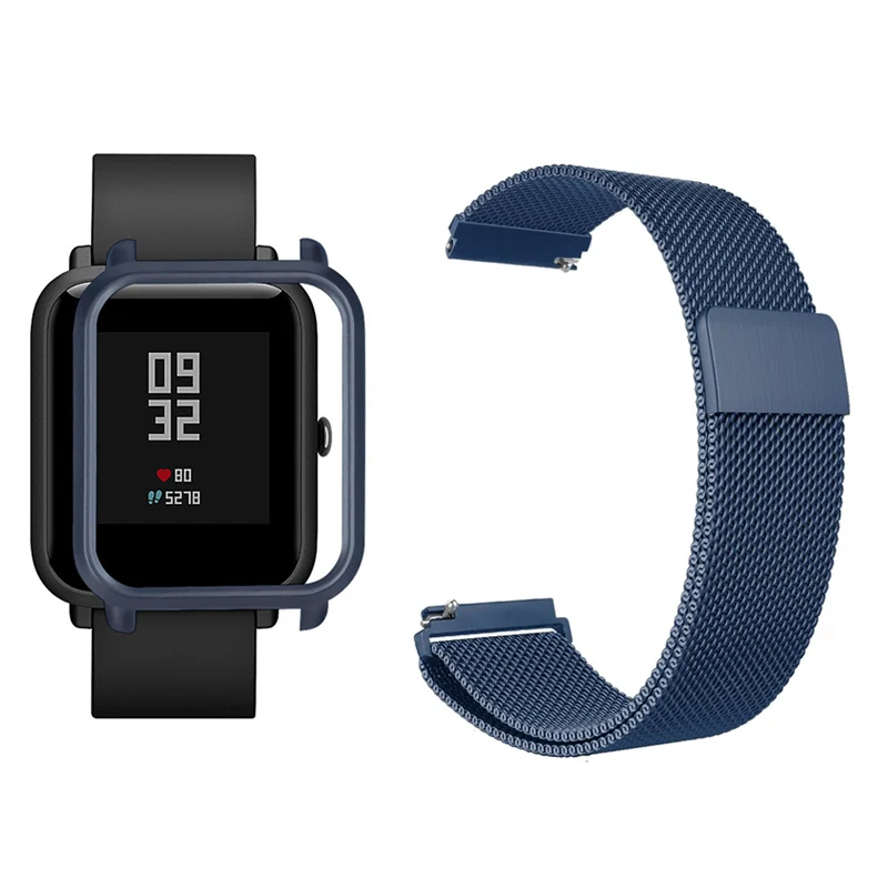 2в1 для Amazfit ремешок bip металлический чехол-браслет для Huami Amazfit bip защитная лента бампер ремешок умные часы аксессуары - Цвет: blue-blue case