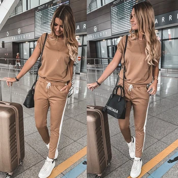 

Women Short Sleeve Tops Tees Full Pants 2pieces Set Spring Solid Sportswear Young Lady Elastic Tracksuit Clothing