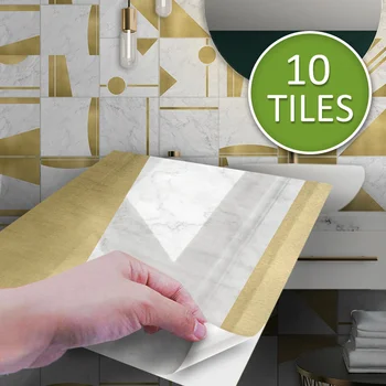 

15/20cm Gold Mental Marble Tile Sticker PVC Waterproof Self-adhesive Wall Sticker for Bathroom Kitchen Home Decor 10PCS