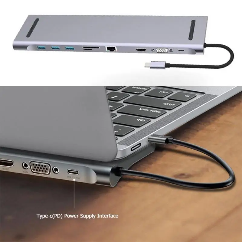 10 в 1 Алюминиевый сплав мульти концентратор USB Type C конвертер в HDMI VGA RJ45 USB 3,0 3,5 мм аудио PD Быстрая Зарядка адаптер док-станция для ноутбука