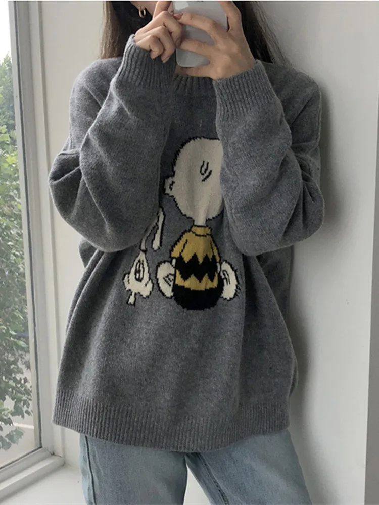 Neploe свободные сумасшедшие Стиль пуловер вязаный Pull Femme осень зима низ мультфильм шаблон свитер О образным вырезом повседневное с длинным рукавом Топ