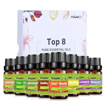 

KIUNO 8pcs/Set Essential Oils Kit 10ml Gift Set Peppermint Sweet Orange Lavender Tea Tree Lemon Frankincense Sandalwood Rosemary