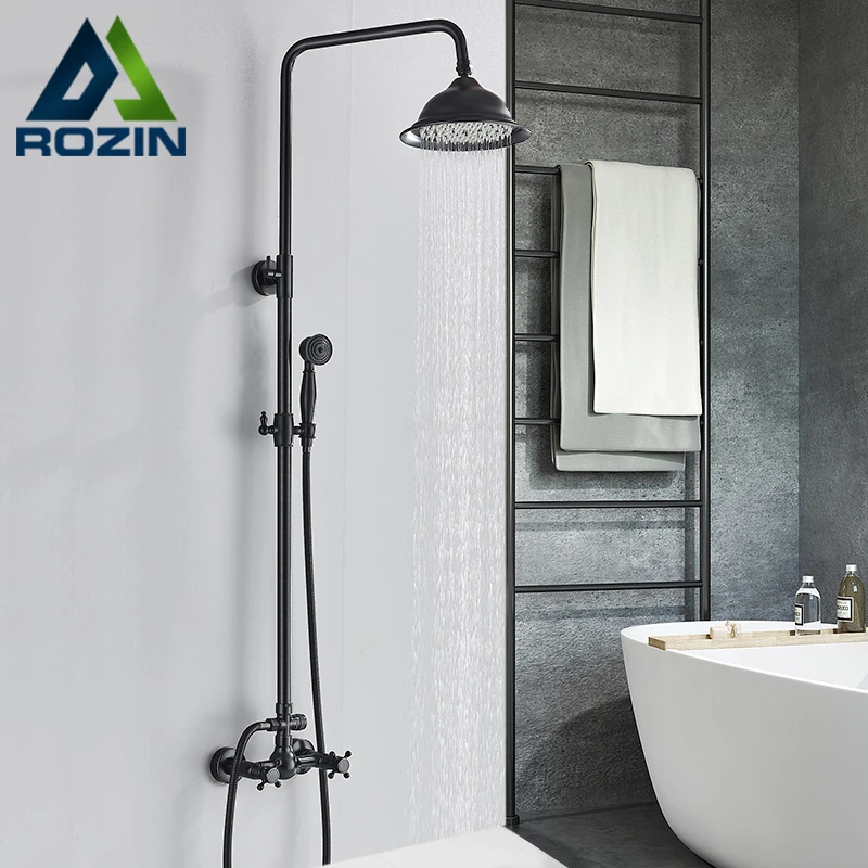 Bathroom Rainfall Shower Mixer Faucet Dual Handle Brass Black Shower Set Faucet Wall Mount Rainfall Mixer Tap Handshower