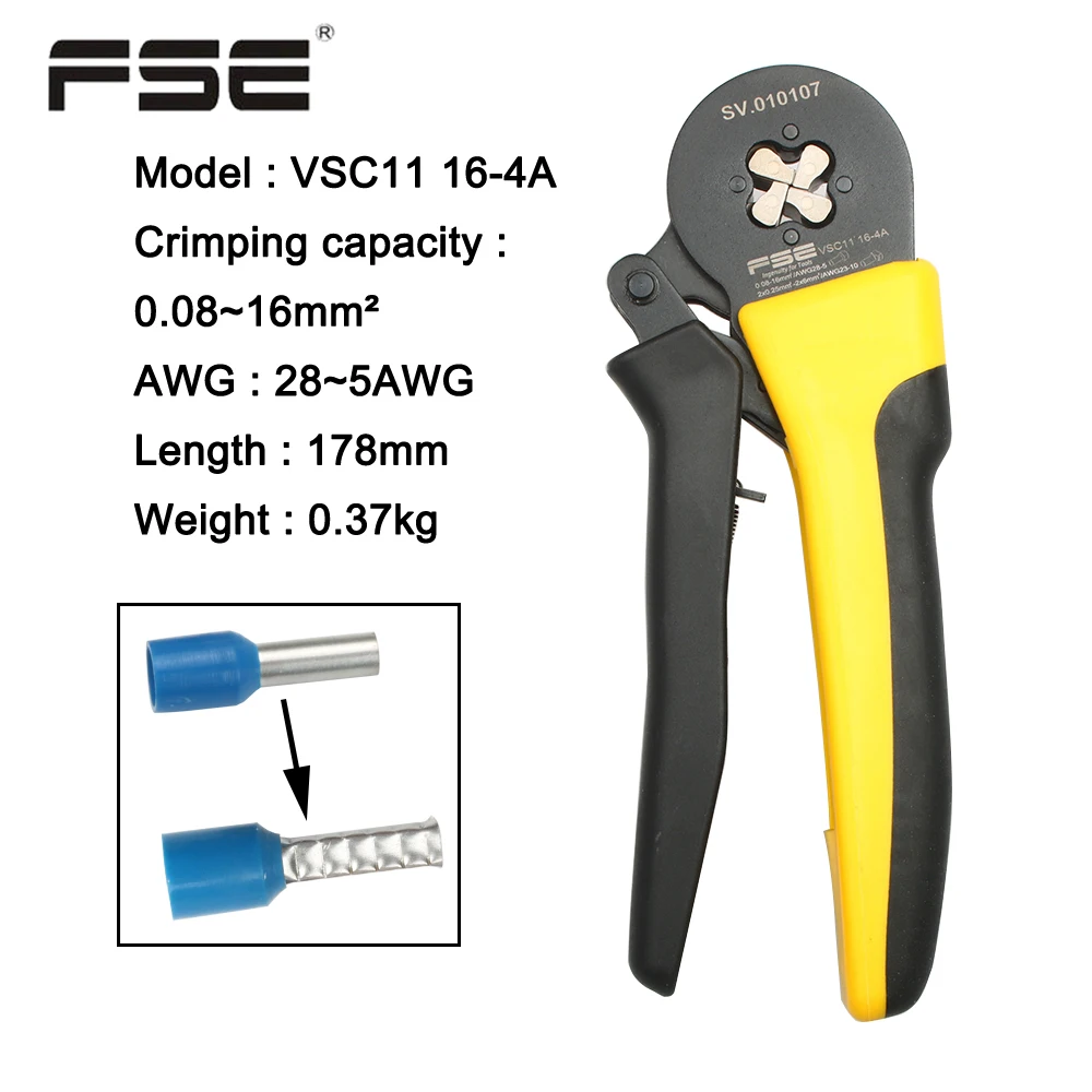 

16-4A 0.08-16mm2 26-5AWG Adjustable Precise Crimp Pliers Tube Bootlace Terminal Crimping Hand Tool HSC11 16-4A VSC11
