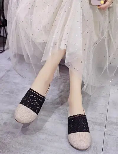 Summer 2020 sweet baotou women's shoes bowknot breathable lace student casual flat bottom flip-flops | Обувь