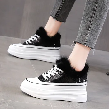 

Thick-soled sequin vulcanized shoes women's fashion winter leather all-match plus velvet warm casual sports women's shoes FG-09