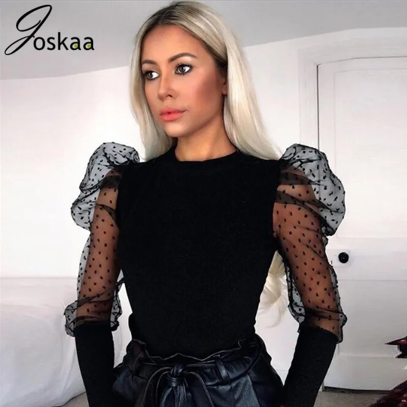 Online Joskaa 2019 manga larga lunares puff malla patchwork sexy bodysuit Otoño Invierno mujer streetwear outfits body jumpsuit