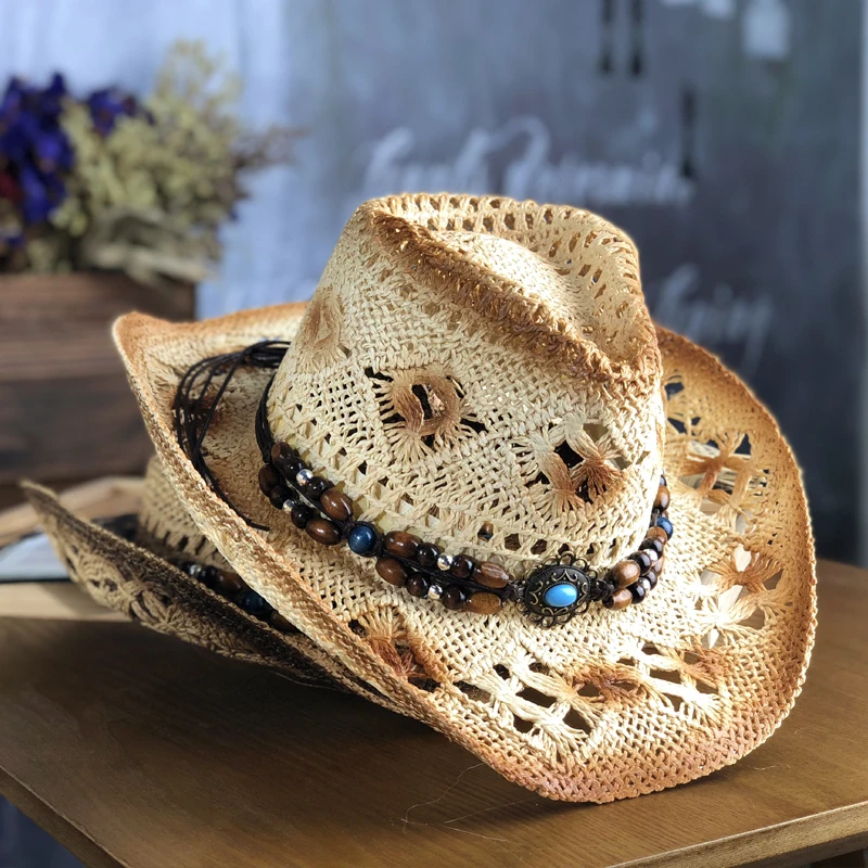 Natural Straw Cowboy Hat Women Men Handmade Weave Cowboy Hats Beach Hat Women Sun Hat for Lady Tassel Summer Western Sombrero Hombre Lifeguard Hats