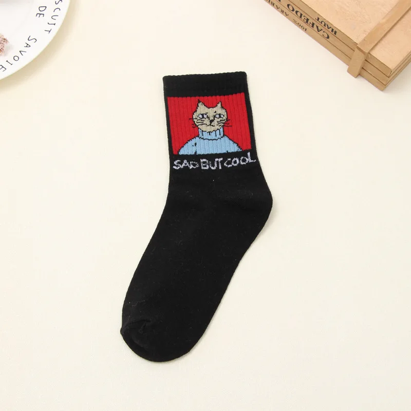 Новая мода харадзюку для женщин и девочек хип-хоп длинные носки с милыми животными носки с динозаврами для женщин забавные японские носки с героями мультфильмов - Цвет: Black Cool Cat