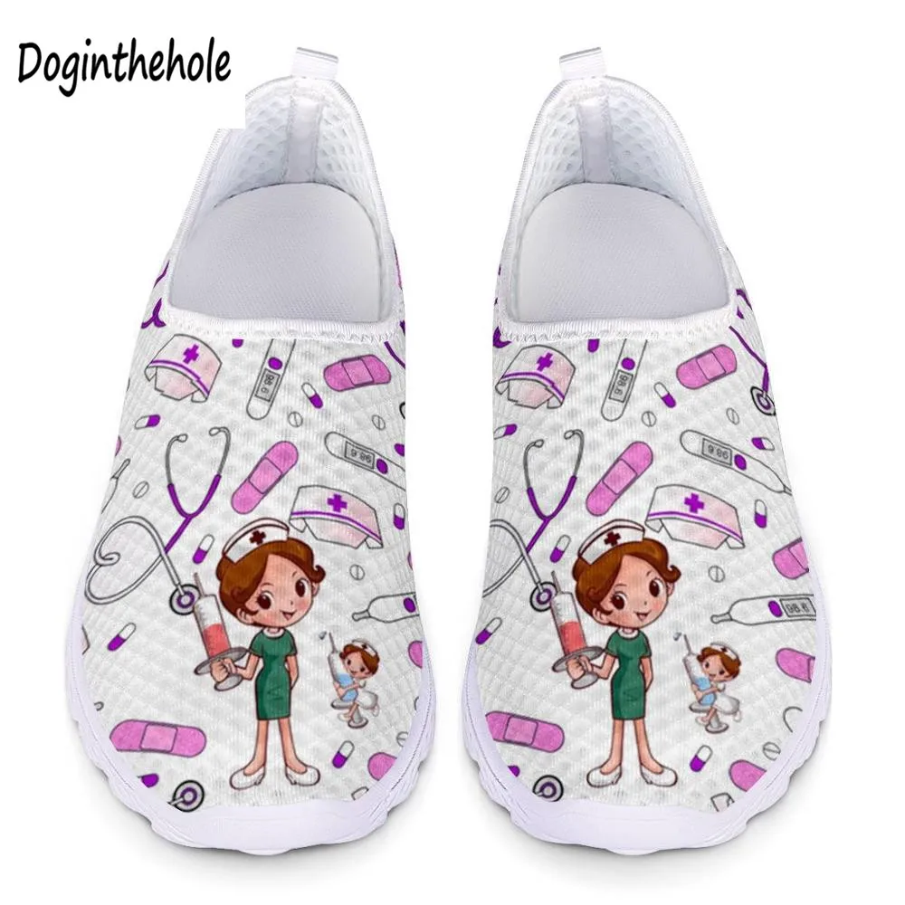 

Doginthehole Cute Cartoon Nurse/Doctor/Hospital Pattern Woman Slip On Sneakers Mesh Nursing Shoes for Women Lightweight Footwear