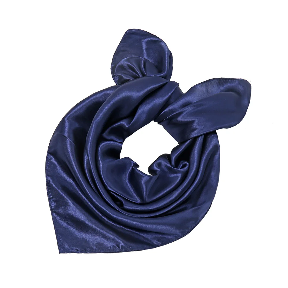 Solider Color Navy Blue Women Square Silk Scarf Hair Tie Wraps Sjaal Luxury Headband Satin Scarves Muslim Head Shawl 60*60Cm