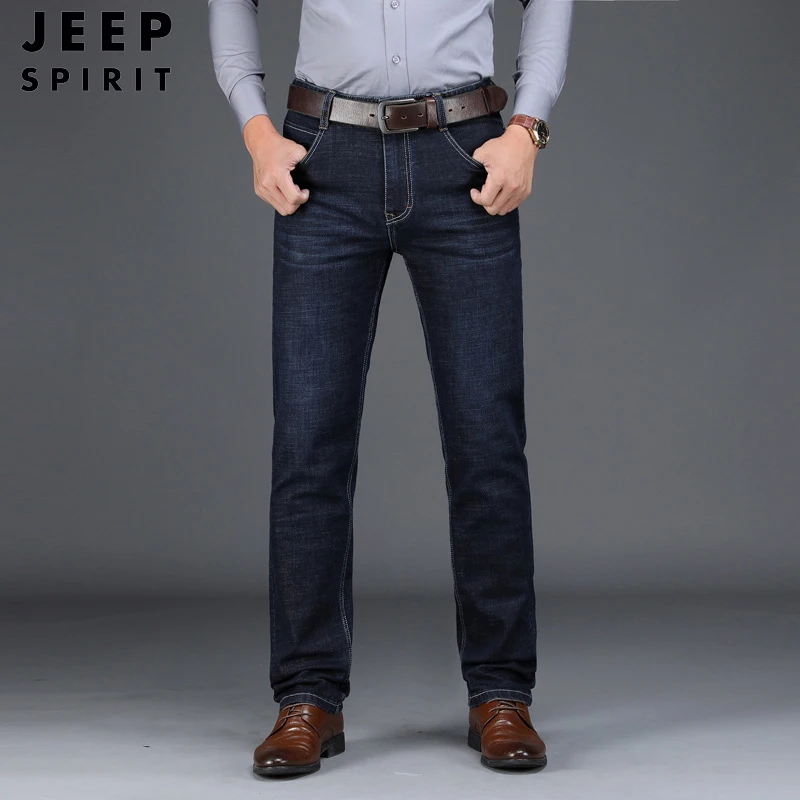 

JEEP SPIRIT Mens Jeans Brand Denim Pant Men Business Casual Cotton Mid-waist Straight Elastic Black Jeans Plus Size 29-42