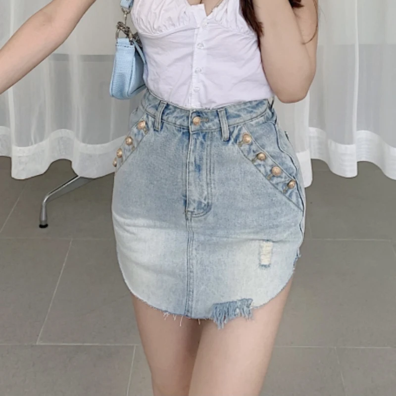 

JMPRS Fashion Button Women Denim Skirt High Waist Ripped Summer A Line Jeans Mini Skirt Lined Casual Blue Ladies Skirts