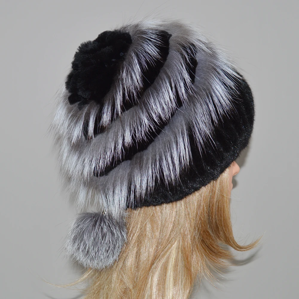 Hot Fashion Winter Warm Women Knitted Real Mink Fur Caps Natural Real Mink Fur Hats Genuine Real Sliver Fox Fur Beanies Hat