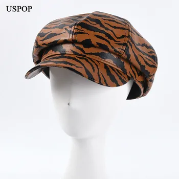 

USPOP Octagonal hats women new korean zebra pattern PU octagonal cap PU viasor cap for autumn
