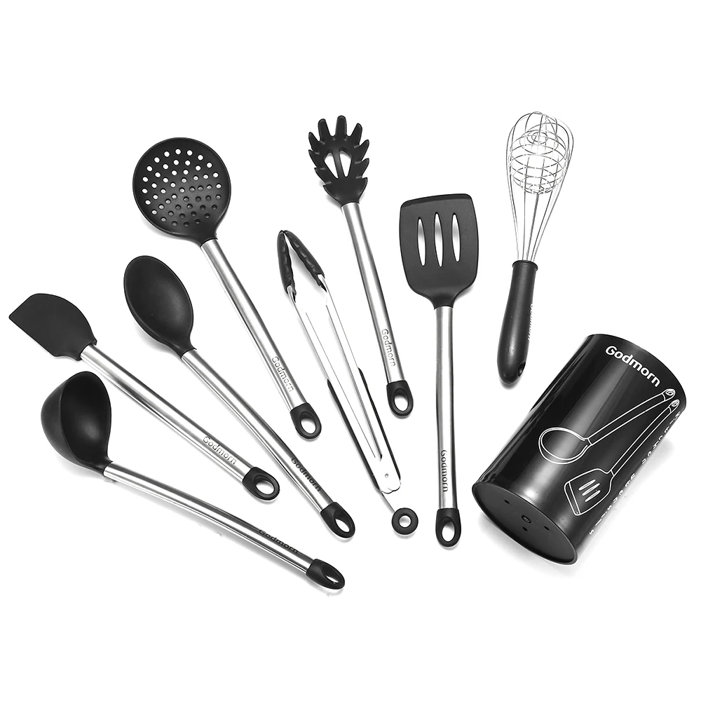Silicone Kitchen Cooking Set Stainless Steel Cooking Set with Plastics Holder Egg beater Colander Soup spoon Kitchen Accessories