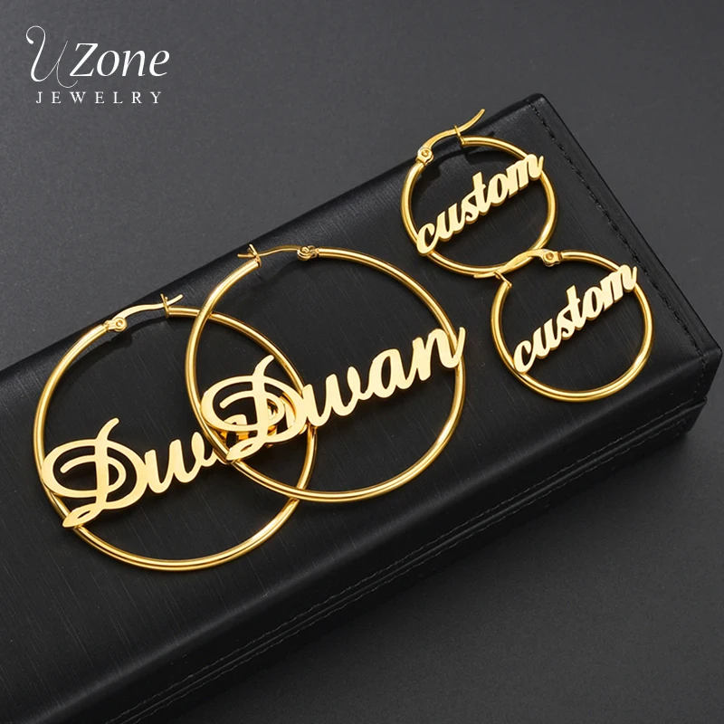 UZone 1 Pair Stainless Steel Custom Name Hoop Earrings Personalized Letter Circle Earring For Women Girls Birthday Party Jewelry uzone custom name family tree necklace for women stainless steel personalized nameplate necklace statement jewelry birthday gift