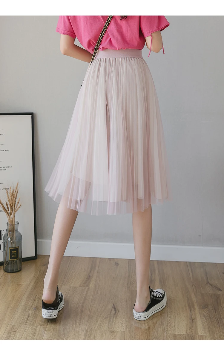 Saias para Mulheres Elástico de Cintura Beiyingni Tule Midi Saia Plissada Rosa Feminina 2021 Primavera Verão Coreano Alta Malha Jupe 7 High Quality Moda Feminina
