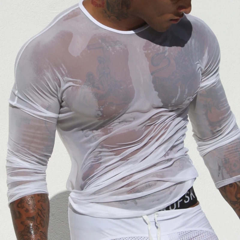 

Men's Undershirts Gay Mesh See Through Sheer Long Sleeves T Shirts Male Sexy Compression Shirts Tank Tops Undershirt Sleepwear