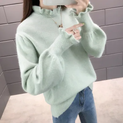 Новинка, женский осенне-зимний пуловер в Корейском стиле с деревянными ушками, свитер, однотонный вязаный свитер, Ropa Invierno Mujer - Color: Light green