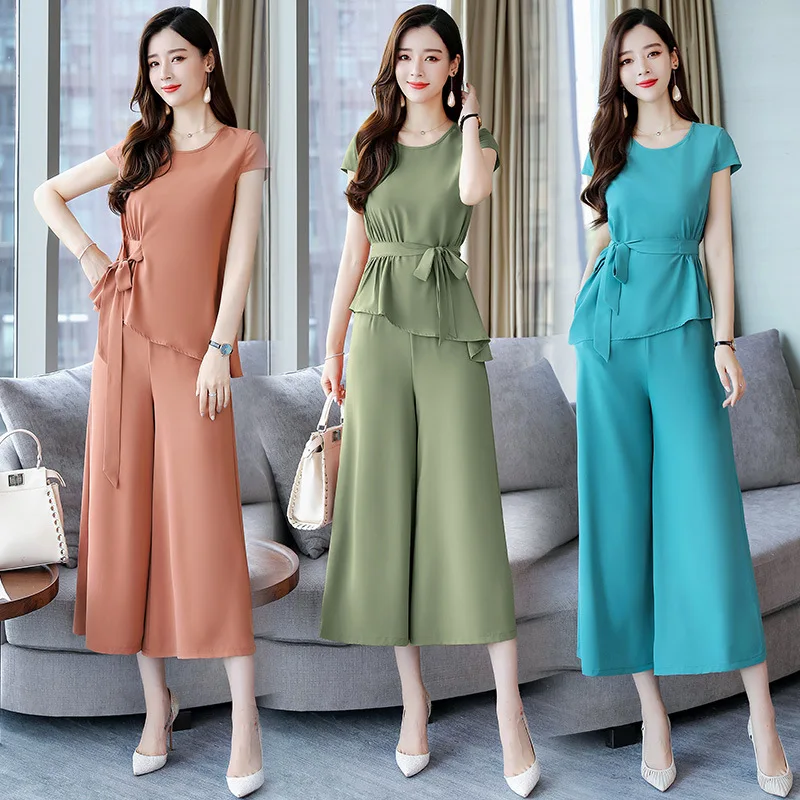 

2019 Summer Elegant Lace-up Solid Color Large Version of Pullover + Loose-Fit Loose Pants