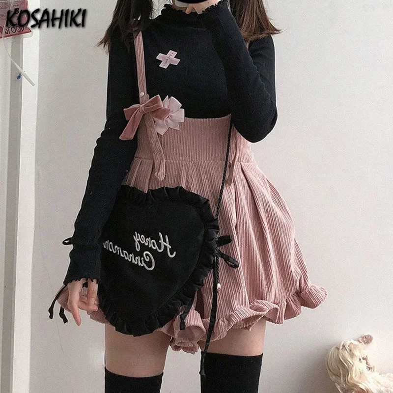 KOSAHIKI Japanese Kawaii Strap Shorts Women Corduroy Ruffle Solid Short 2021 Cute Lolita Overalls Chores Para Mujer 2