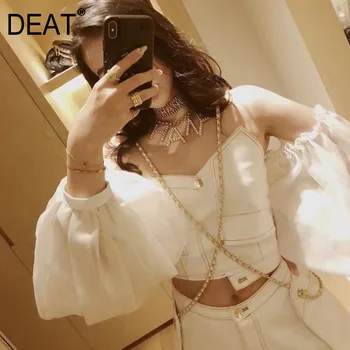 

DEAT 2020 New Summer Fashion Long Sleeve Sexy Shoulder-length Denim Strapless Lantern Sleeve Top Short Shirt Women SD590