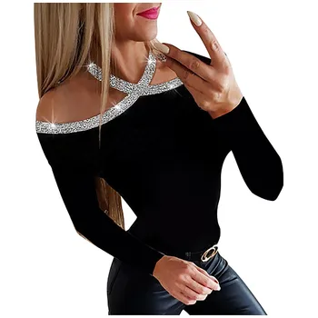 

Women Sexy Blouse New Sequin Hanging Neck Leaky Shoulder Long Sleeve Solid Slim Pullover Winter Spring Fashion Casual Tops #A