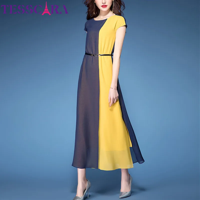 Yellow TESSCARA женское летнее Длинное Элегантное шифоновое платье, женские модные офисные вечерние платья, Винтажный дизайн, высокое качество, vestidos - Цвет: Yellow