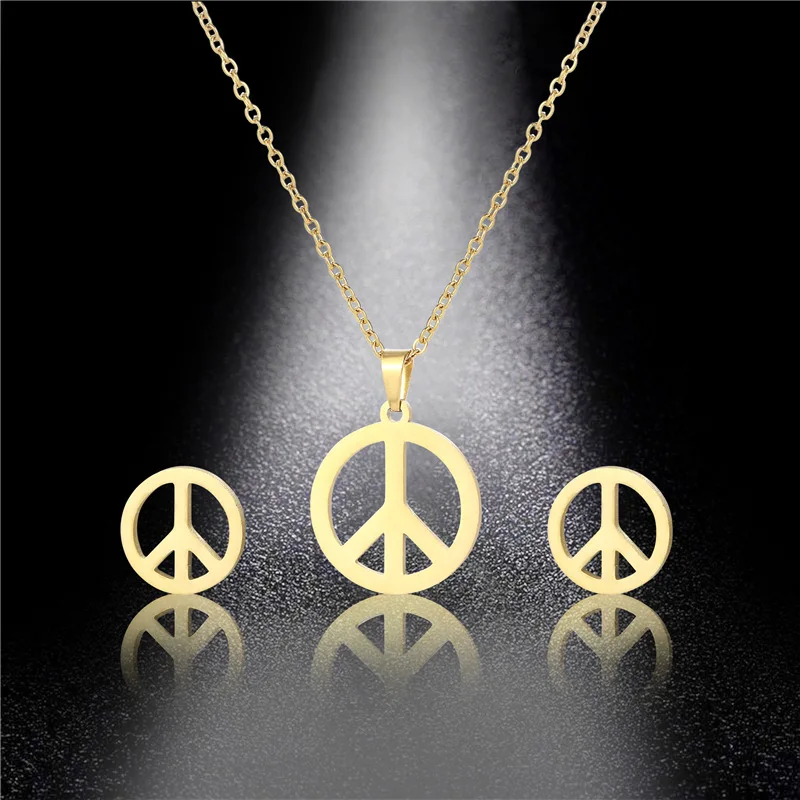 

Stainless Steel Peace Sign Earrings Necklace Set For Women Simplicity Pendant Necklace Clavicle Chain Jewelery Party Gift