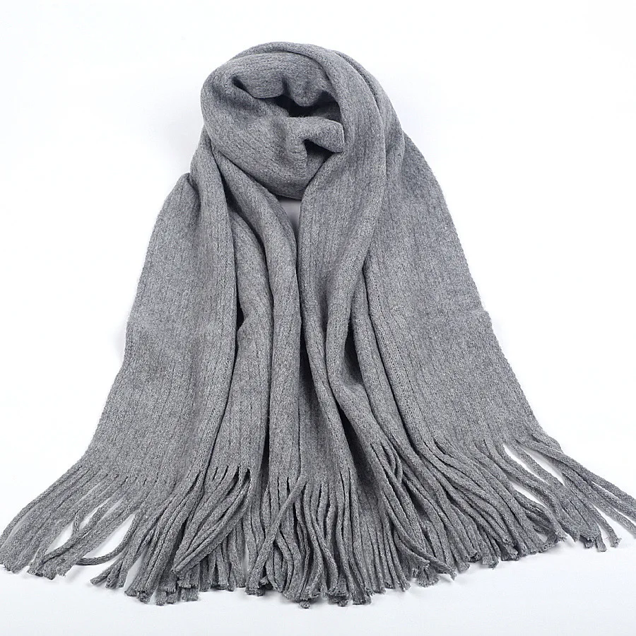 

Winter Cold New Style Monochrome Simple Vertical Fold Tassels Cloth Strips Cover Thick Warm Winter Students Versatile Long Scarf