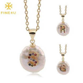 

FINE4U N501 Initial Alphabet A-Z Letters Natural Freshwater Pearl Pendant Necklace Stainless Steel Choker Necklace Birthday Gift