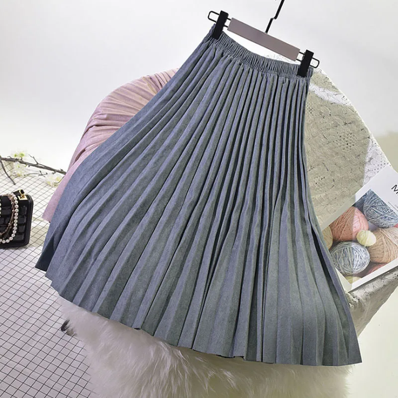 Двухслойная осенне-зимняя женская замшевая юбка, длинная Плиссированная юбка для женщин, s Saias Midi Faldas, винтажная Женская юбка