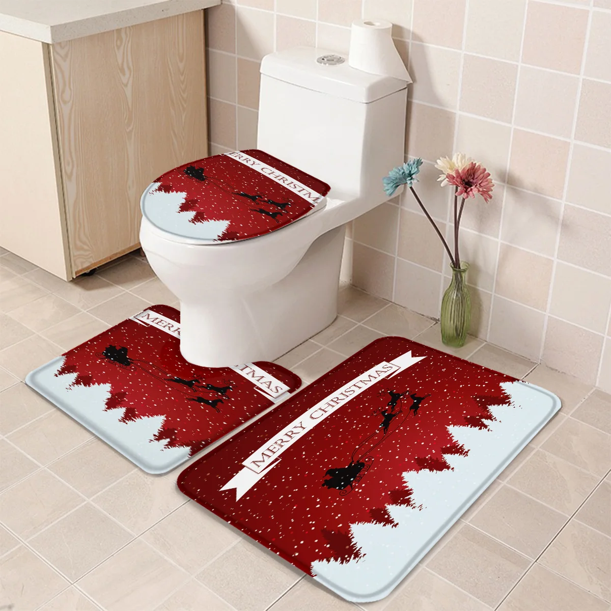 3 Pieces Bathroom Set Merry Christams Durable Bath Set Toilet Cover Mat Pedestal Rug Non-Slip Bathroom Rug Set