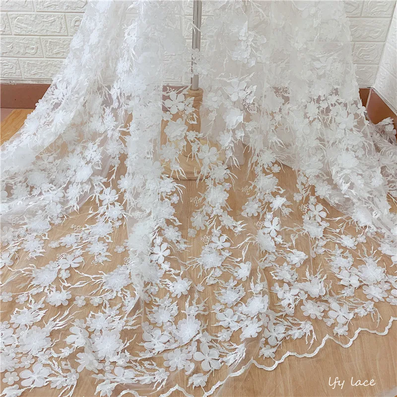 

Hot style Off white snow flake 3D classy Tulle Embroidery French Swiss Africa wedding dress Lace fabric 1 Yard
