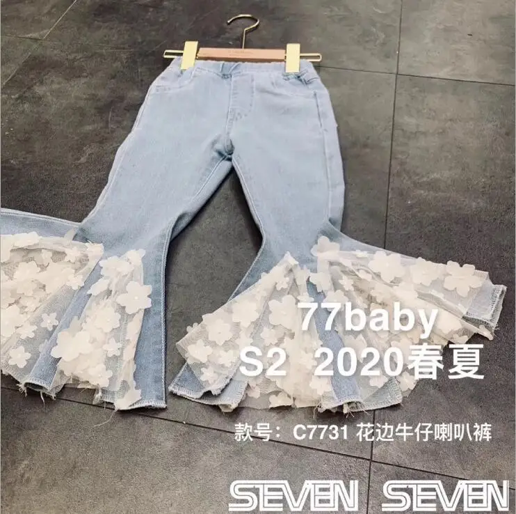 Новинка года; ; джинсовые штаны с оборками для девочек; модные весенние джинсовые штаны в стиле пэчворк для девочек; 4-9 лет; C446